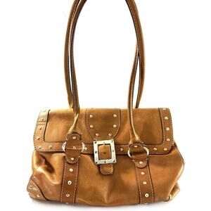 Vintage Michael Kors Camel Brown Leather Brass Studded Large Shoulder Bag Satche